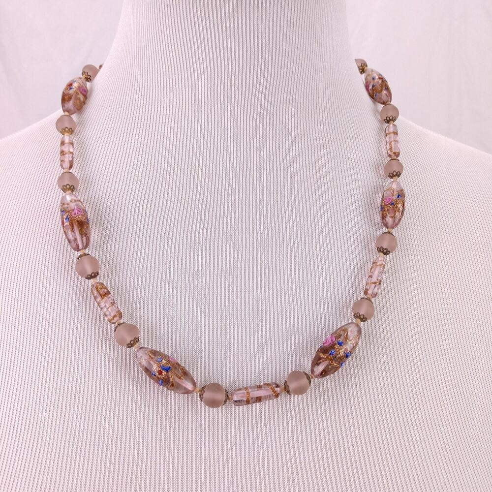 Vintage Pink Wedding Cake Lampwork Glass Bead Necklace 22" Hand Knotted